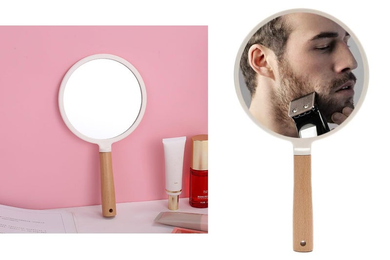 RoarCraft Hand Held Mirror for Makeup Small Wood Hand Mirror Portable Travel Vanity Mirror for MenWomen 55W x 92L inch Pink Round - Image 4