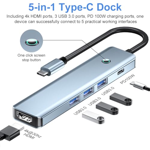 Verilux® USB C HUB 5 in 1 USB C to HDMI Adapter with 4K HDMI, 3.0 USB Adapter Multiple Port PD 100W Charging One-Button Screen Off USB Type C Hub for Laptop, MacBook Pro Air, iPhone 15 Max Pro Plus - Image 2