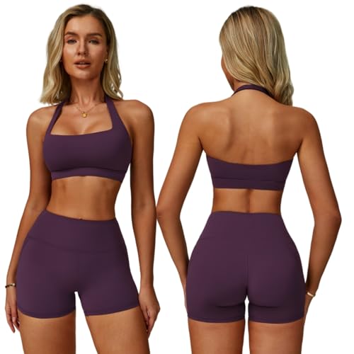 ABOCIW Workout Sets for Women Square Neck Halter Sports Bra High Waist Biker Shorts 2 Piece Gym Set Yoga Pilates Outfits Athletic Work Out Clothes Purple Medium - Image 1