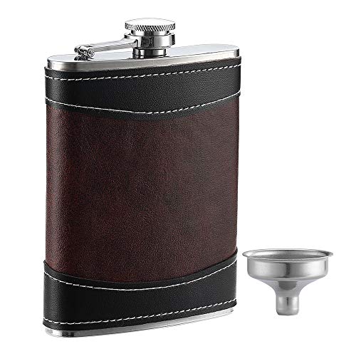 YWQ Premium 1 Pack 8 Oz Hip Flask for Liquor Soft Touch Leather Wrap with Funnel,18/8 Stainless Steel Highest Food Grade Leak Proof Classic Flask - Image 1