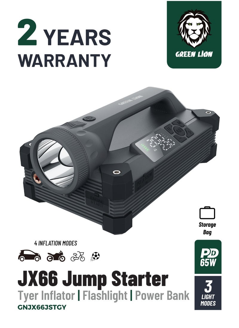 GREEN LION JX66 Jump Starter 24000mAh 88.8W / Pump / 4 Inflation Modes / Powerful LED Flashlight Best for Camping / Digital Display / 6000A Peak Current - Black  - Image 1