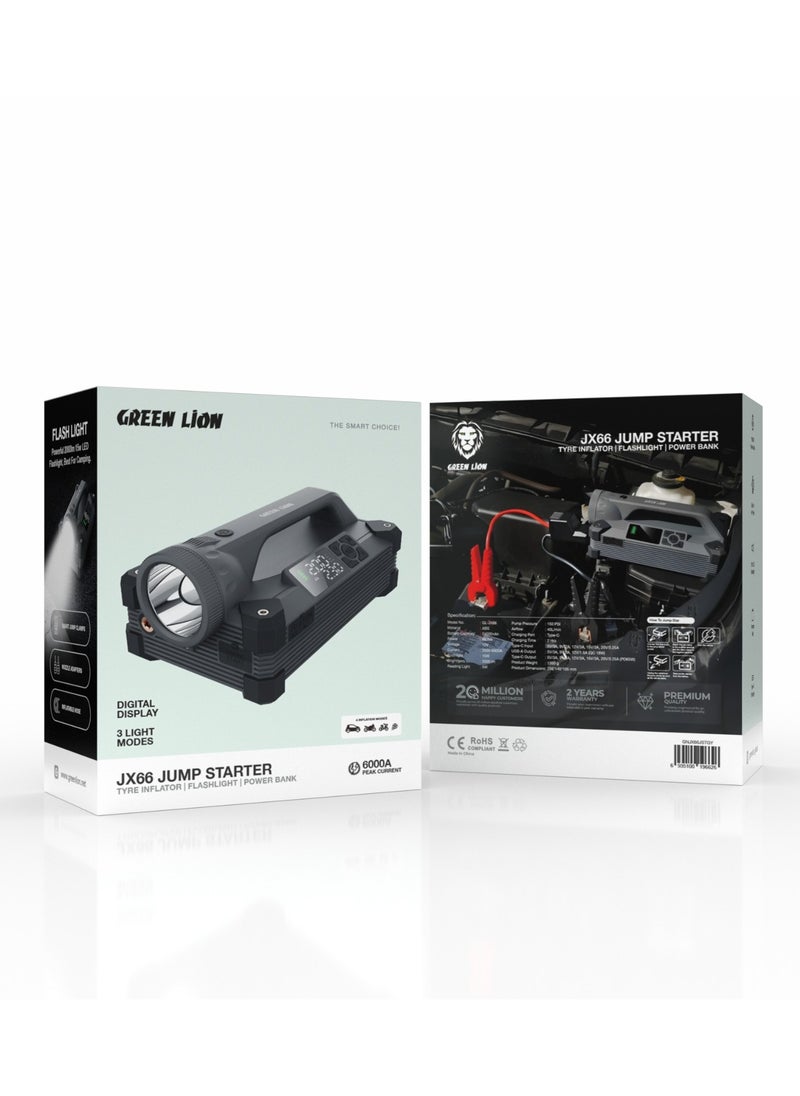 GREEN LION JX66 Jump Starter 24000mAh 88.8W / Pump / 4 Inflation Modes / Powerful LED Flashlight Best for Camping / Digital Display / 6000A Peak Current - Black  - Image 4