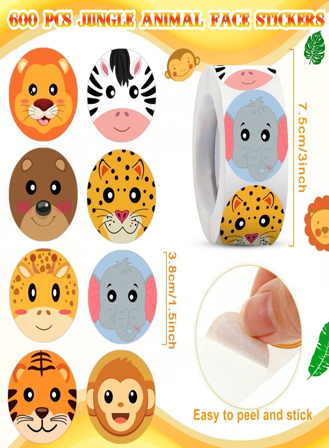 Fumete 600 Pieces Jungle Animal Stickers Roll 1.5 Inch Zoo Adorable Round Face Label Decals Perforated Roll Teacher Reward Encouraging Stickers for Kid Party Envelope Seal Tags - Image 3