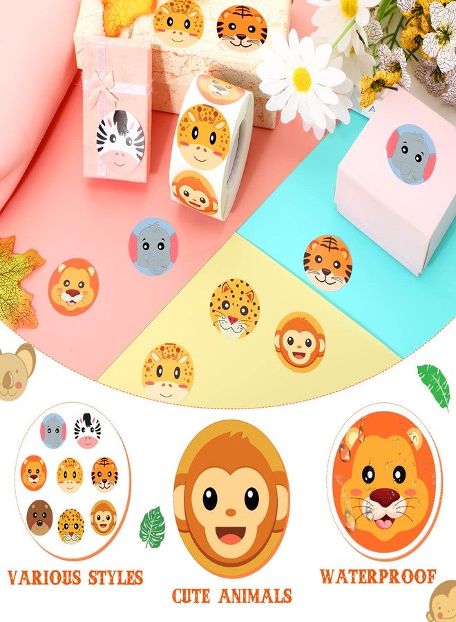 Fumete 600 Pieces Jungle Animal Stickers Roll 1.5 Inch Zoo Adorable Round Face Label Decals Perforated Roll Teacher Reward Encouraging Stickers for Kid Party Envelope Seal Tags - Image 2