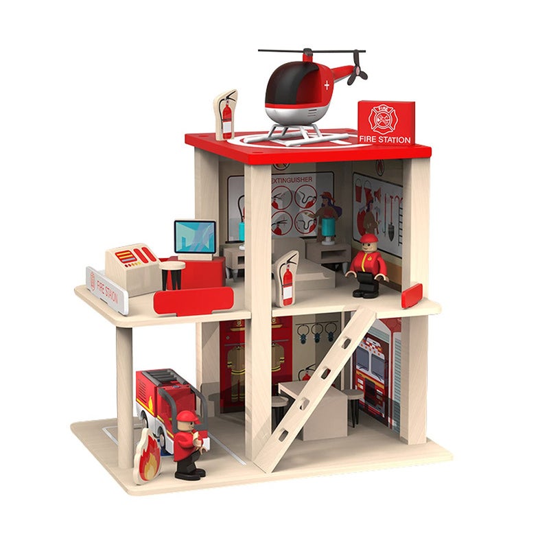 BBtinker Wooden Fire Station Playset Multicolor 3Level Pretend Play Dollhouse with Figures Truck Helicopter and Accessories Preschool Learning Educational Toys for Toddlers Kids Age 3 and up - Image 2