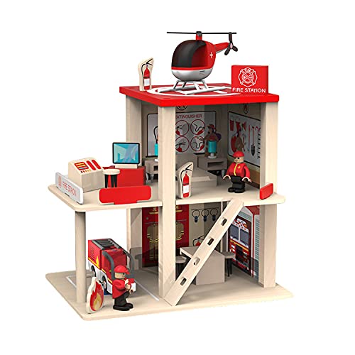 BBtinker Wooden Fire Station Playset Multicolor 3Level Pretend Play Dollhouse with Figures Truck Helicopter and Accessories Preschool Learning Educational Toys for Toddlers Kids Age 3 and up - Image 1