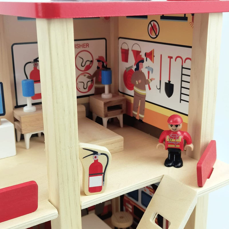 BBtinker Wooden Fire Station Playset Multicolor 3Level Pretend Play Dollhouse with Figures Truck Helicopter and Accessories Preschool Learning Educational Toys for Toddlers Kids Age 3 and up - Image 3