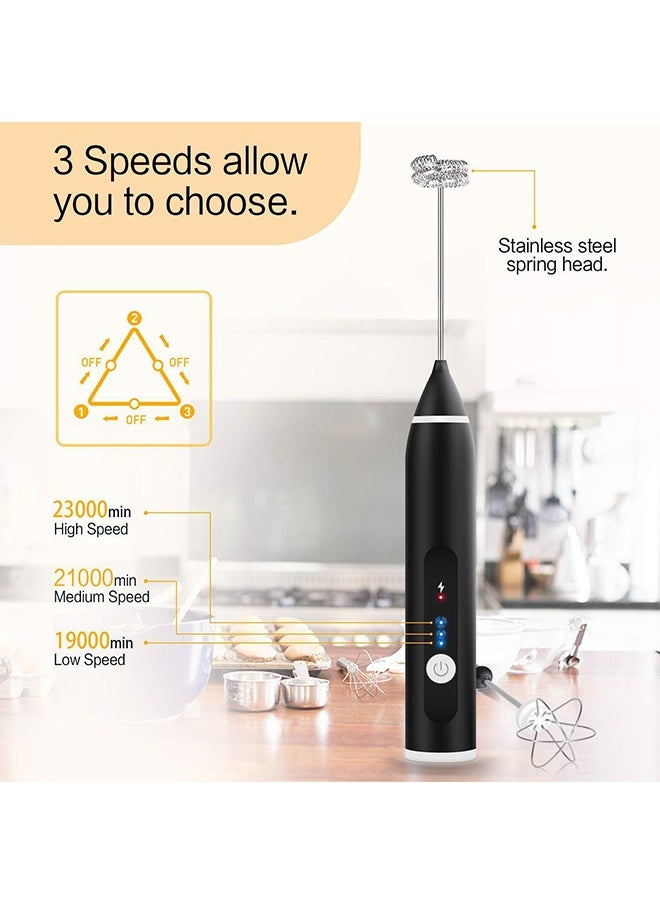 Rechargeable Milk Foam Maker, Handheld Electric Whisk Coffee Frother Mixer with 3 Stainless whisks 3 Speed Adjustable Foam Maker Blender for Coffee Cappuccino Matcha Latte Hot Chocolate