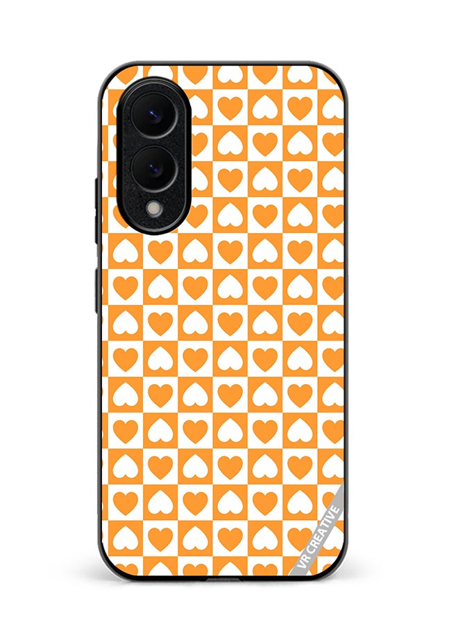 VR CREATIVE Protective Case Cover For Samsung Galaxy S25 Edge Seamless Pattern With White And Orange Checkerboard And Hearts Design Multicolour