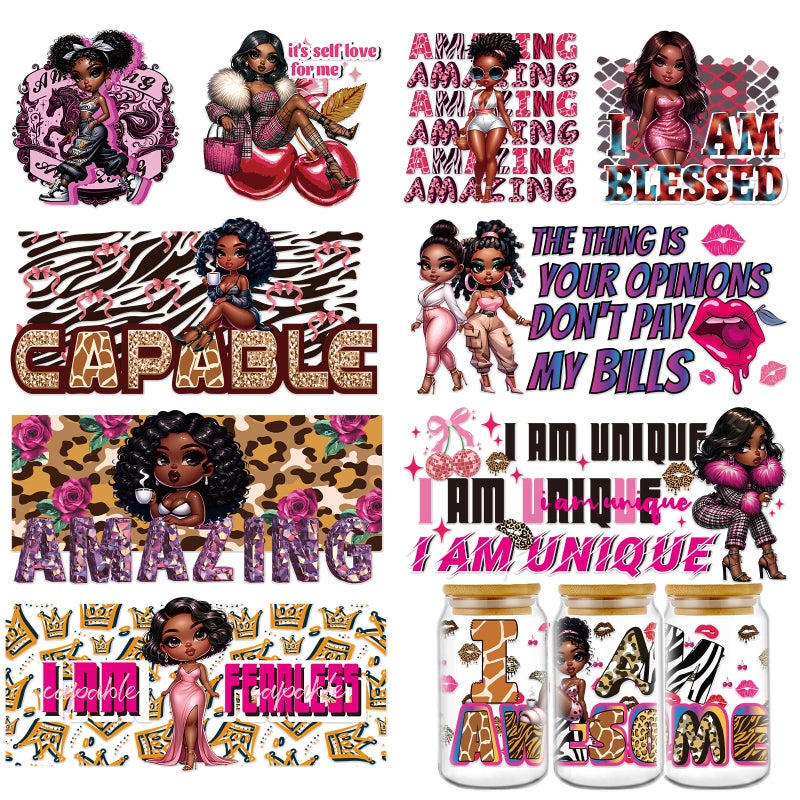 Rngmsi Black Women UV DTF Wraps - 8 Sheets African American Women UVDTF Decals for 16 oz Glass Cups, Inspirational Transfer Stickers, Waterproof Rub on Transfer for Water Bottle, DIY Crafts - Image 1