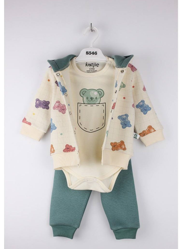 كاتجي طقم من 3 قطع شتوي قطن ميلتون مكون من جاكت و توب كم و بنطلون برسومات رائعة من هاريبو - Image 1