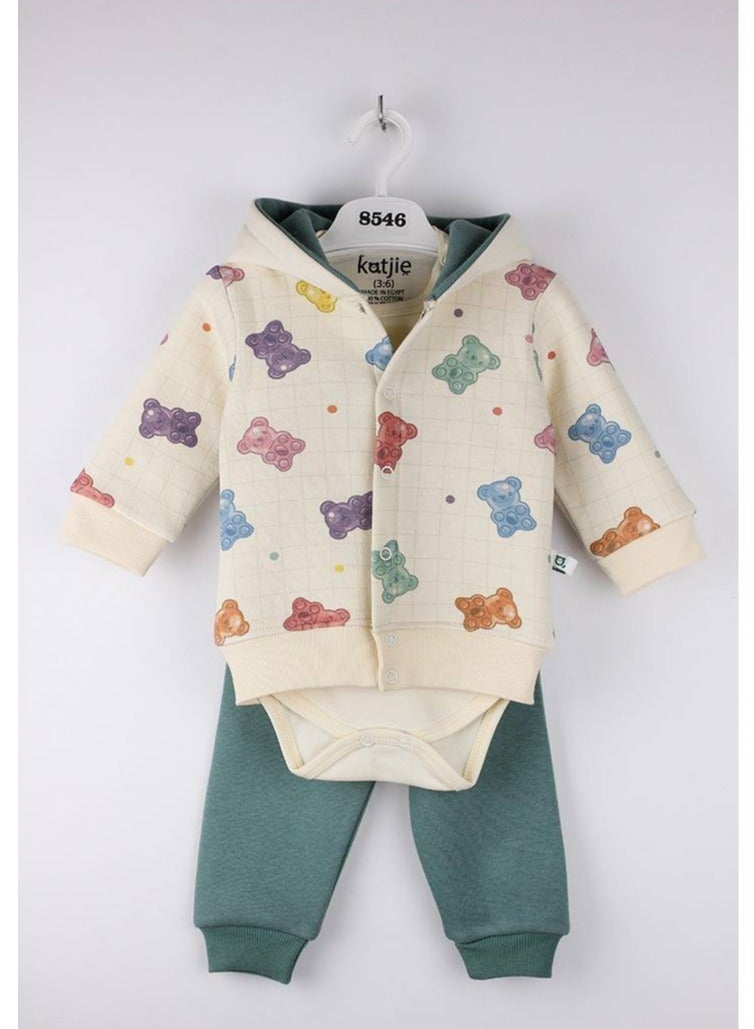 كاتجي طقم من 3 قطع شتوي قطن ميلتون مكون من جاكت و توب كم و بنطلون برسومات رائعة من هاريبو - Image 2