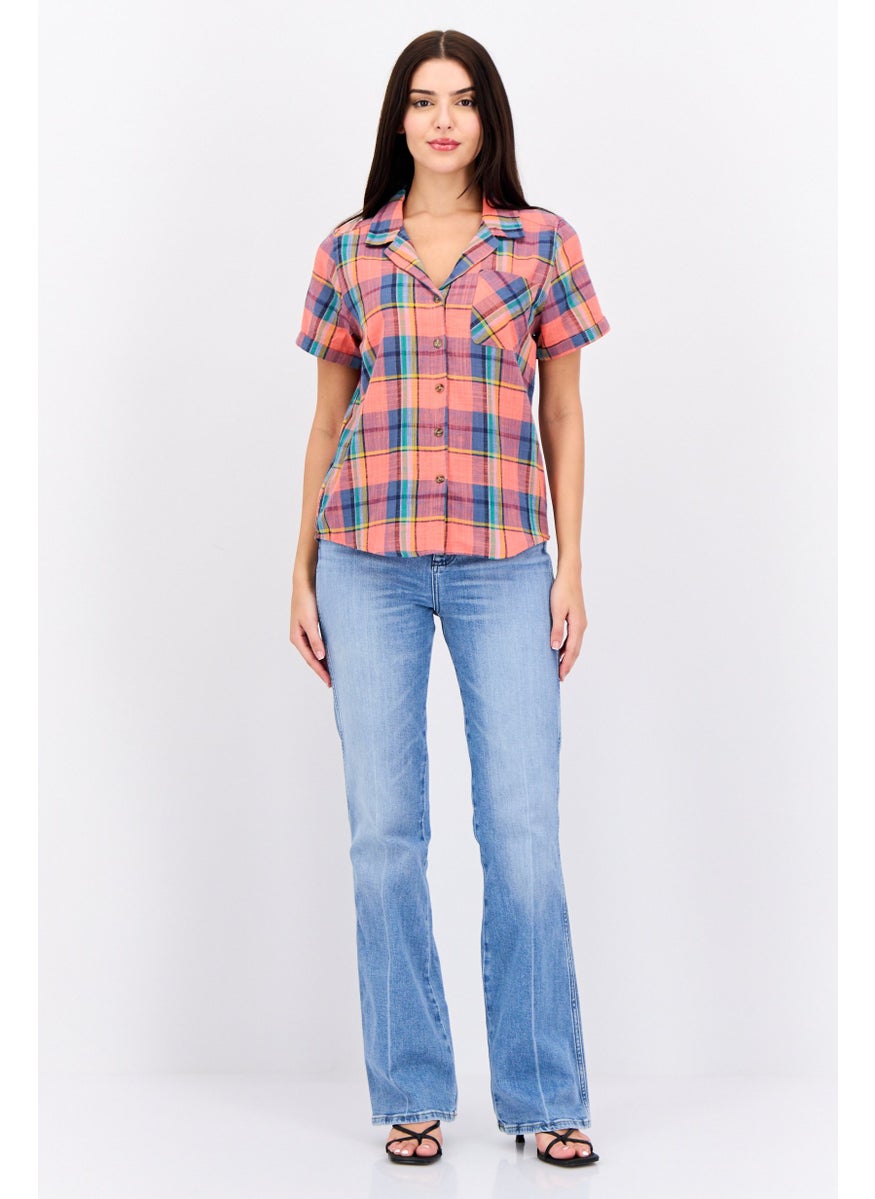 Swiss Alps - Women Notched Collor Short Sleeves Plaid Shirt, Pink Combo - Image 1