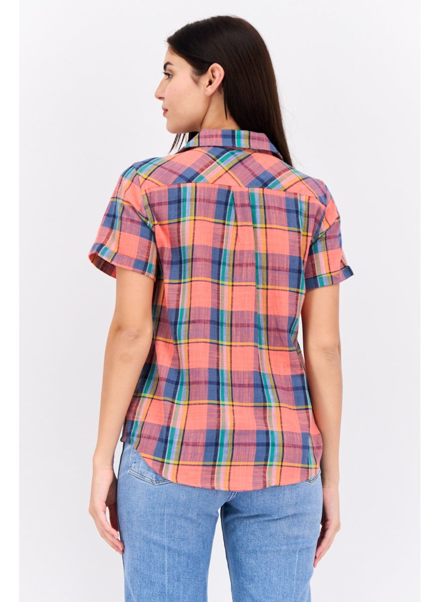 Swiss Alps - Women Notched Collor Short Sleeves Plaid Shirt, Pink Combo - Image 1