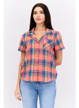 Women Notched Collor Short Sleeves Plaid Shirt, Pink Combo