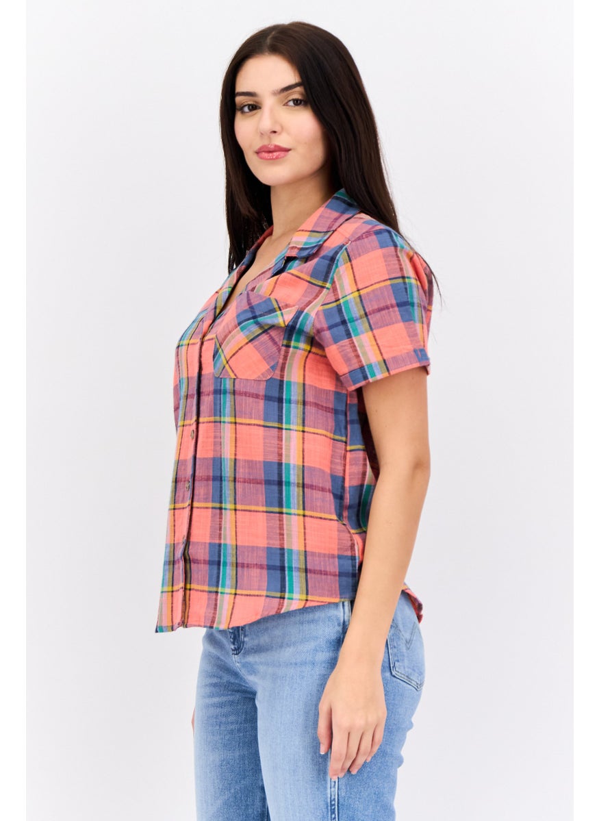 Swiss Alps - Women Notched Collor Short Sleeves Plaid Shirt, Pink Combo - Image 1