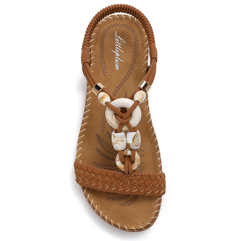 Littleplum Women Sandals Arch Support Handmade Bohemian Braided Flat Sandals Comfort Walking Beach Ankle Elastic Summer Shoes Fashion Brown Size 8.5 - Image 1
