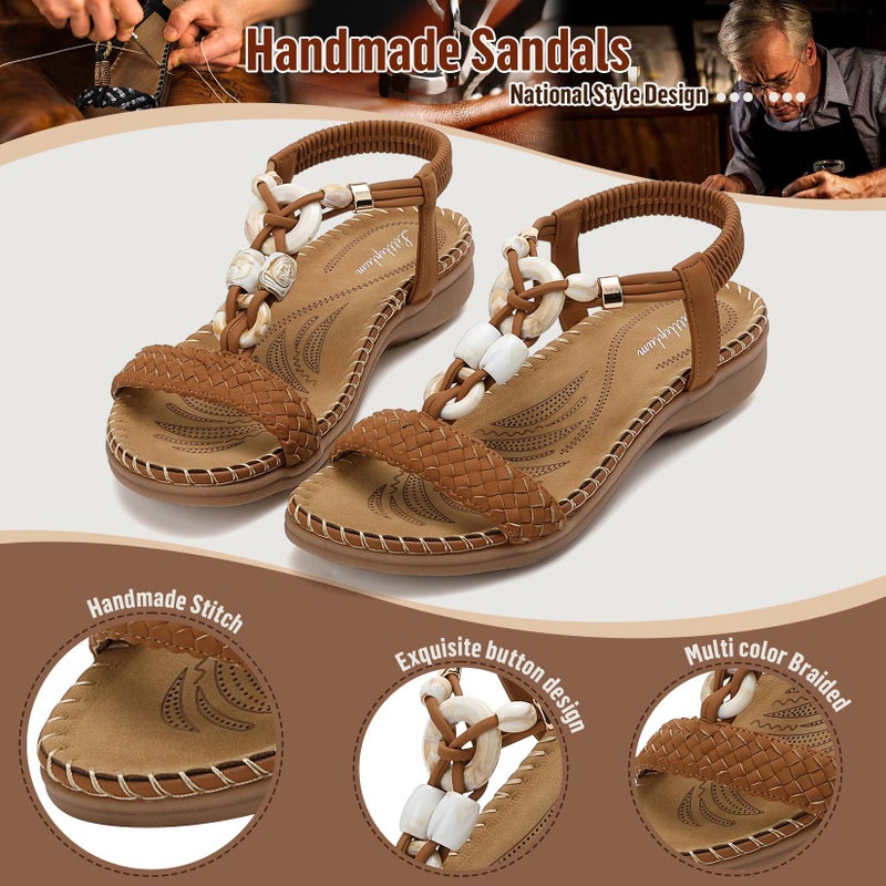 Littleplum Women Sandals Arch Support Handmade Bohemian Braided Flat Sandals Comfort Walking Beach Ankle Elastic Summer Shoes Fashion Brown Size 8.5 - Image 4