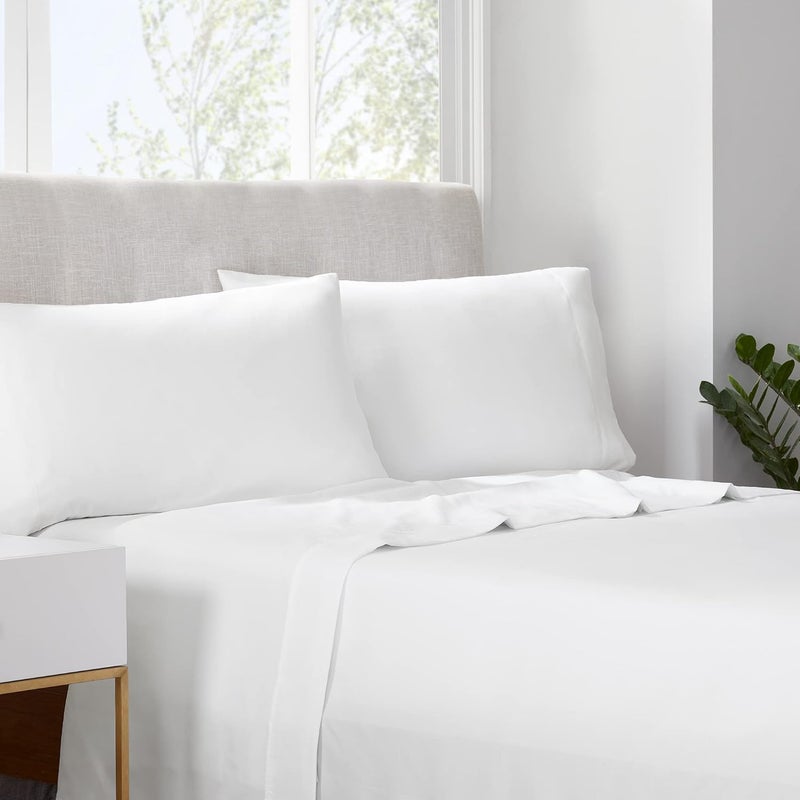 Serta Simply Clean Super Soft Hypoallergenic Stain Resistant Deep Pocket 4 Pieces Solid Bed Sheet Set, Queen, White - Image 1