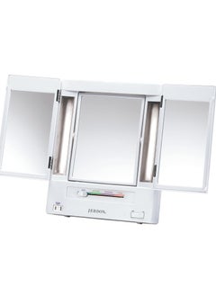 JERDON Tri-Fold Two-Sided Makeup Mirror with Lights - Vanity Mirror with 5X-1X Magnification & Multiple Light Settings - White - Model JGL9W