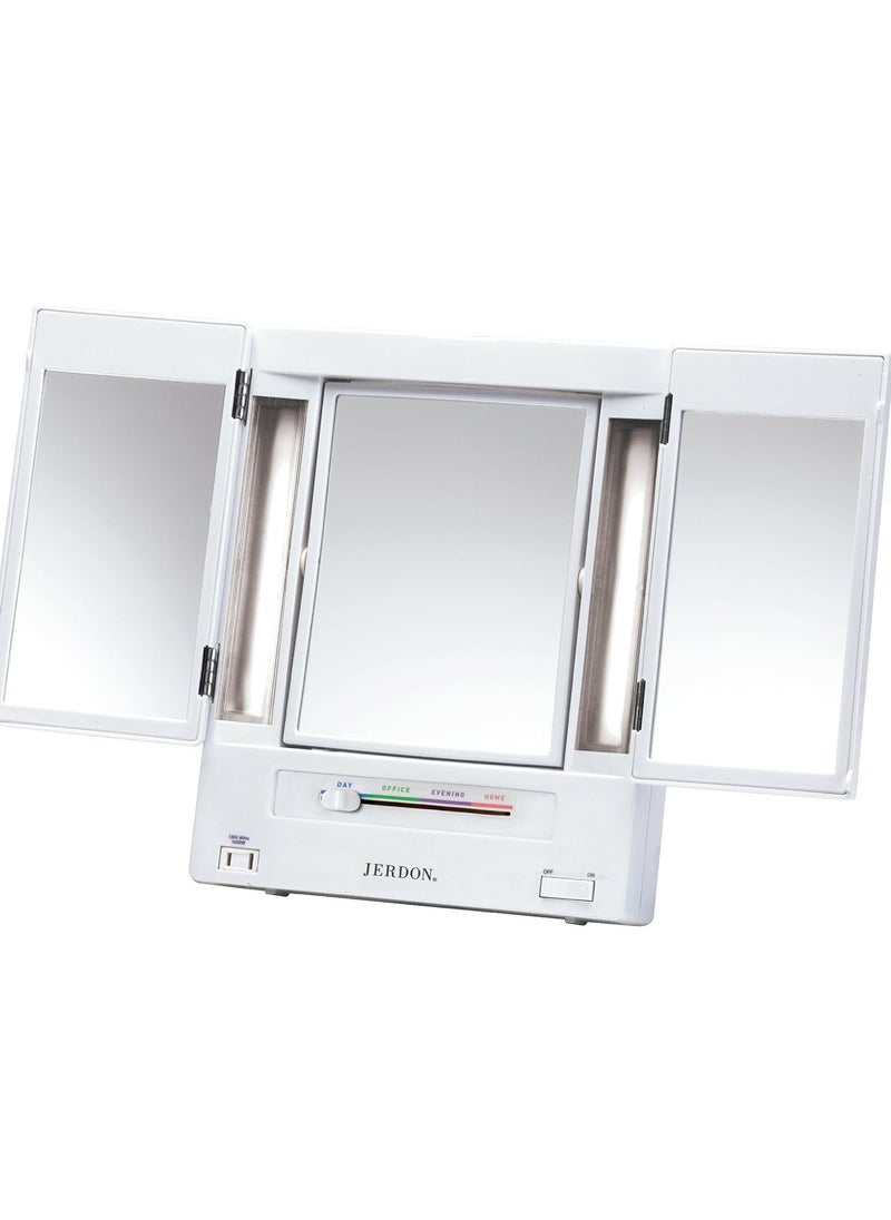 Jerdon - JERDON Tri-Fold Two-Sided Makeup Mirror with Lights - Vanity Mirror with 5X-1X Magnification & Multiple Light Settings - White - Model JGL9W - Image 1