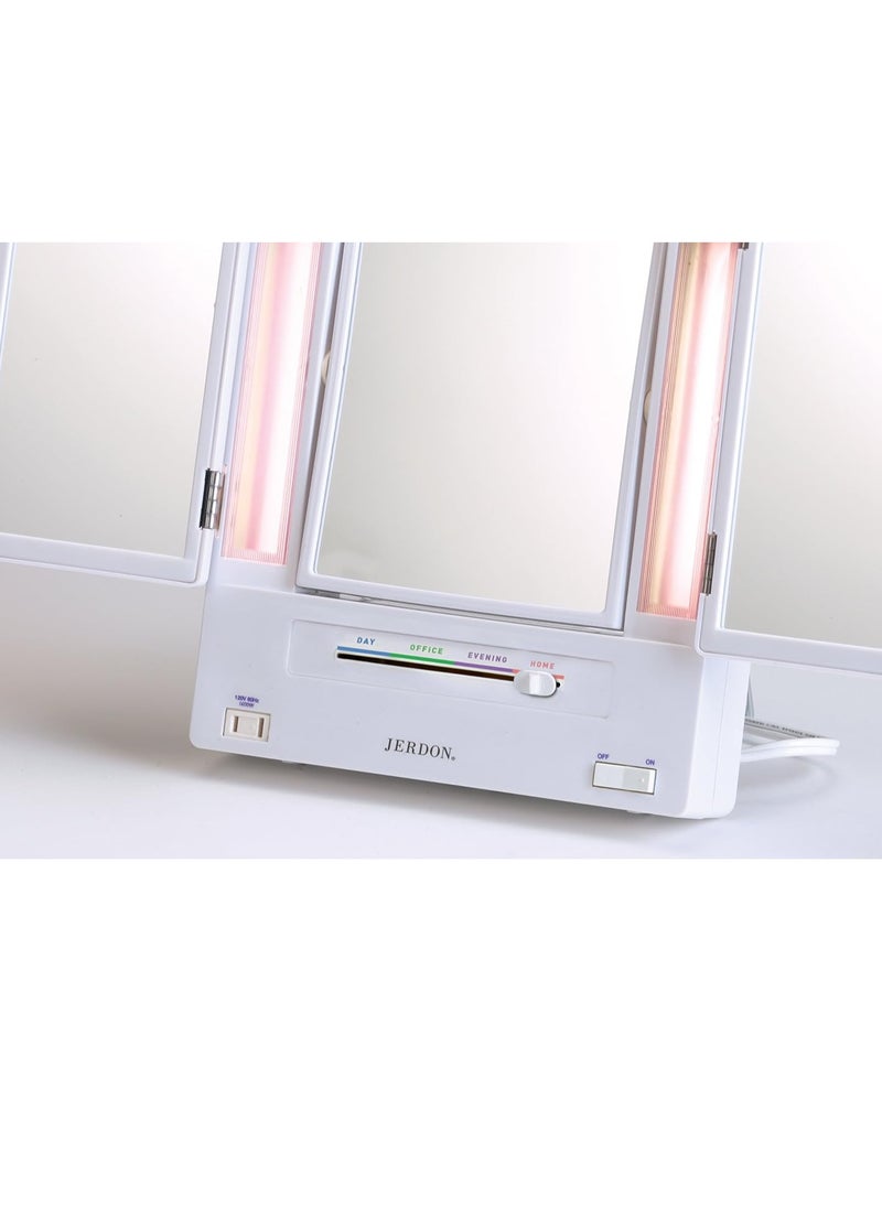 Jerdon - JERDON Tri-Fold Two-Sided Makeup Mirror with Lights - Vanity Mirror with 5X-1X Magnification & Multiple Light Settings - White - Model JGL9W - Image 1