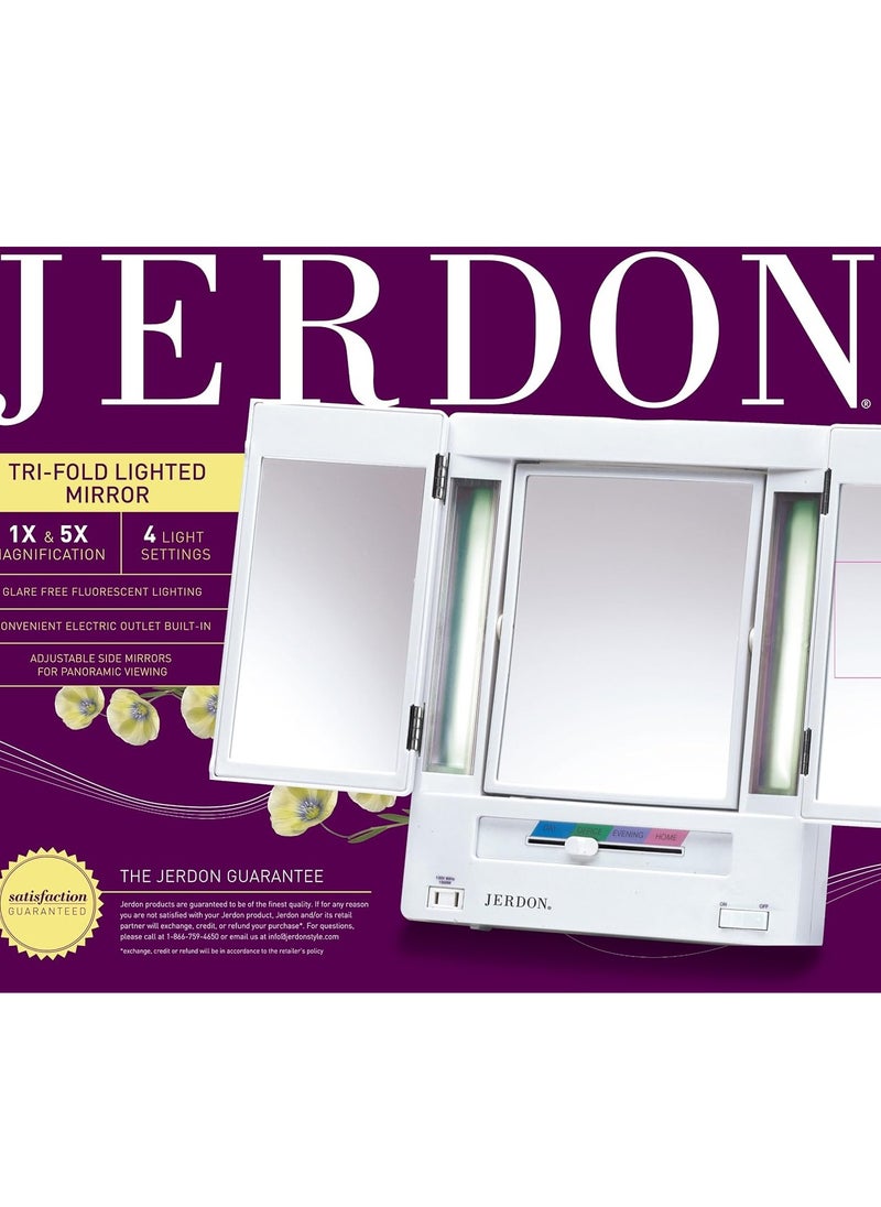 Jerdon - JERDON Tri-Fold Two-Sided Makeup Mirror with Lights - Vanity Mirror with 5X-1X Magnification & Multiple Light Settings - White - Model JGL9W - Image 1