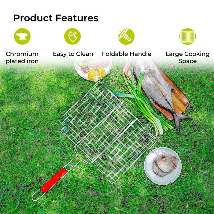 DD RETAILS Barbecue BBQ Grill Net Basket Roast Grilling Tray Chromium Plated with Wooden Handle - Image 1