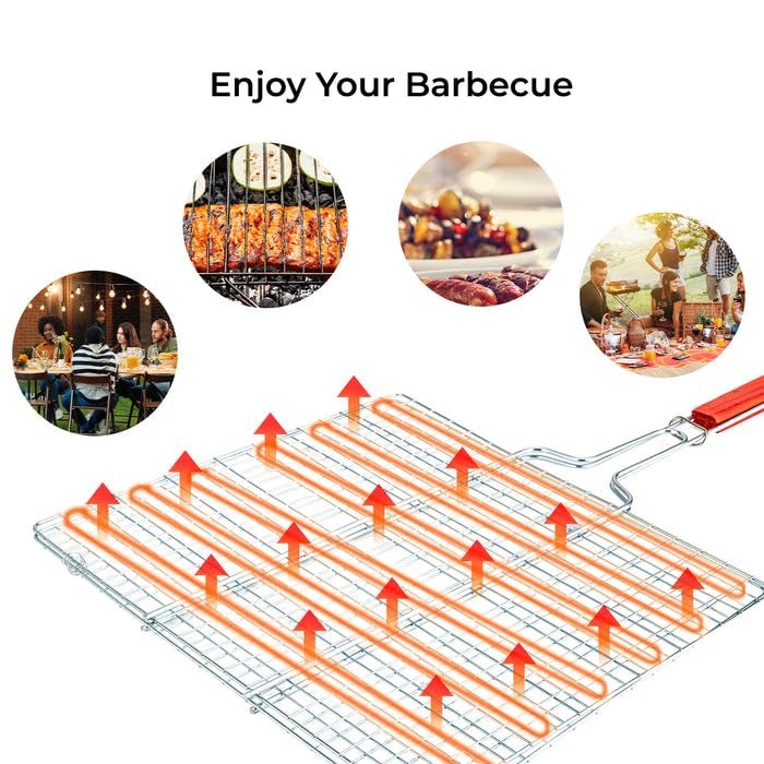 DD RETAILS Barbecue BBQ Grill Net Basket Roast Grilling Tray Chromium Plated with Wooden Handle - Image 3