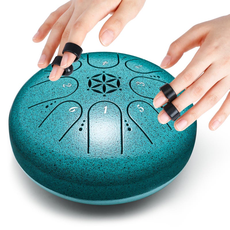 PUJONI Steel Tongue Drum, 6 Inch 8 Notes Percussion Instruments with Music Book, Mallets, Carry Bag, Finger Picks, Gifts for Beginners Musical Education & Adults Relaxation Meditation (Malachite) - Image 3