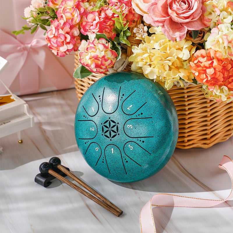 PUJONI Steel Tongue Drum, 6 Inch 8 Notes Percussion Instruments with Music Book, Mallets, Carry Bag, Finger Picks, Gifts for Beginners Musical Education & Adults Relaxation Meditation (Malachite) - Image 5