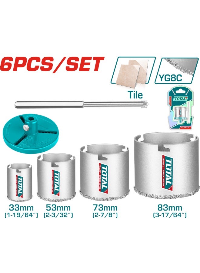 توتال مجموعة مناشير ثقب من كربيد التنجستن، 6 قطع - طقم قاطع ثقوب البلاط (33 مم، 53 مم، 73 مم، 83 مم) مع دليل حفر ومحور، أداة قطع البلاط والسيراميك والبورسلين والجص، قاطع ثقوب ماسي شديد التحمل - TAC44061 - Image 1