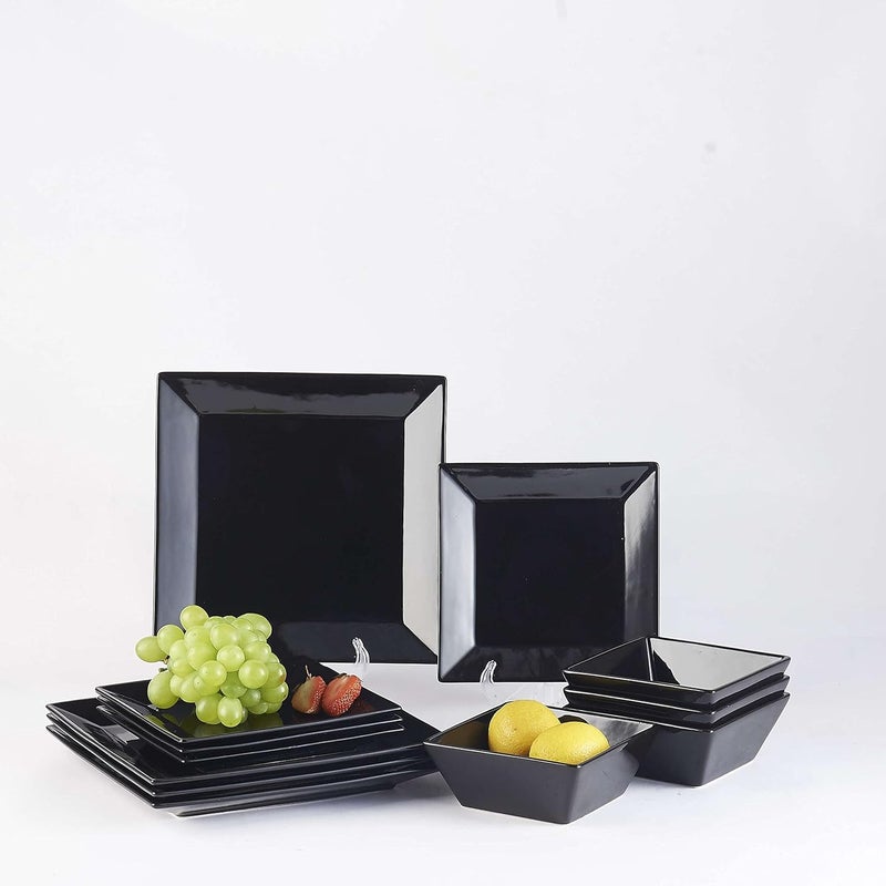DOMINI 12Piece Square Dinnerware Set Service for 4 Porcelain Dishes Dinner SquareBlack - Image 1