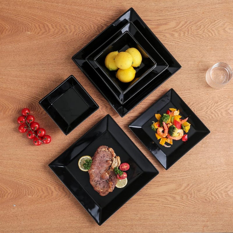 DOMINI 12Piece Square Dinnerware Set Service for 4 Porcelain Dishes Dinner SquareBlack - Image 4