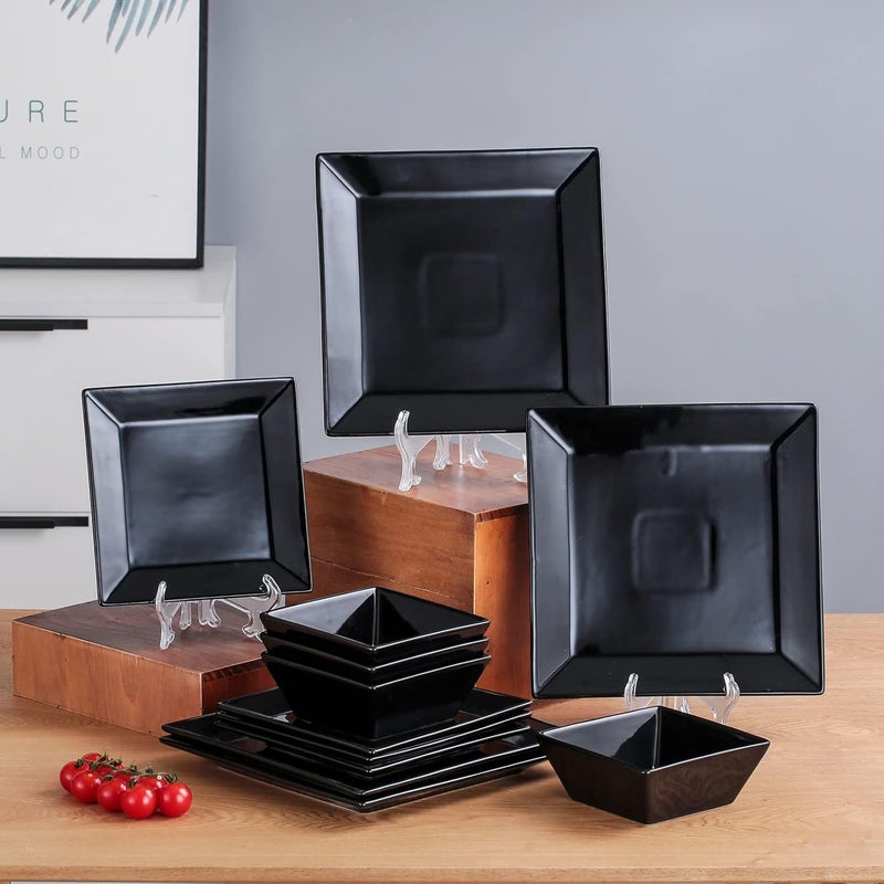 DOMINI 12Piece Square Dinnerware Set Service for 4 Porcelain Dishes Dinner SquareBlack - Image 2