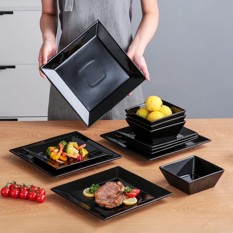DOMINI 12Piece Square Dinnerware Set Service for 4 Porcelain Dishes Dinner SquareBlack - Image 5