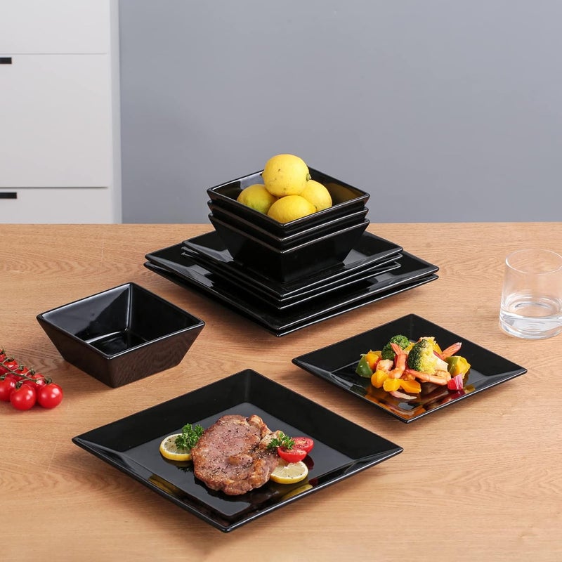 DOMINI 12Piece Square Dinnerware Set Service for 4 Porcelain Dishes Dinner SquareBlack - Image 3