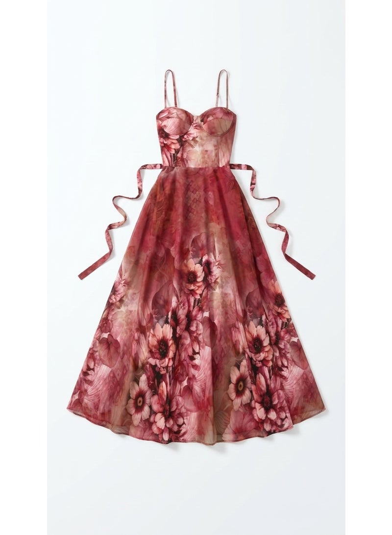 Women's Floral Print Sleeveless Midi Dress with Spaghetti Straps, Sweetheart Neck, Adjustable Waist Tie, A-Line Flowy Summer Party Dress, Burgundy Pink - Image 2
