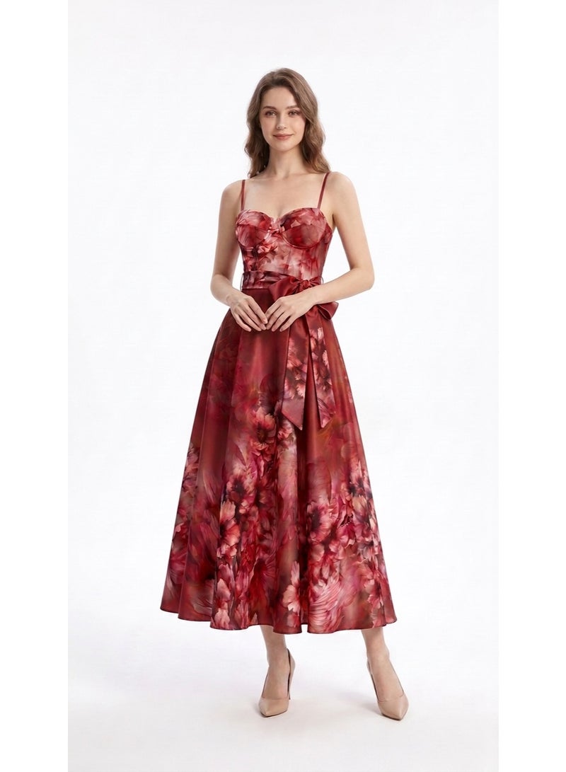 Women's Floral Print Sleeveless Midi Dress with Spaghetti Straps, Sweetheart Neck, Adjustable Waist Tie, A-Line Flowy Summer Party Dress, Burgundy Pink - Image 3
