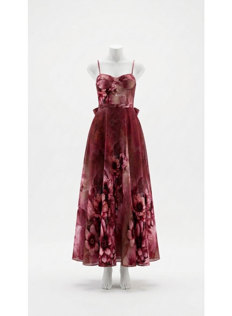 Women's Floral Print Sleeveless Midi Dress with Spaghetti Straps, Sweetheart Neck, Adjustable Waist Tie, A-Line Flowy Summer Party Dress, Burgundy Pink - Image 1