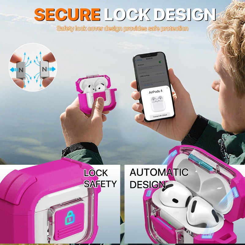 R-fun حافظة واقية R-fun لجهاز AirPods الجيل الرابع، متوافقة مع Magsafe، قفل مغناطيسي تلقائي، مع مجموعة تنظيف، مناسبة لحافظة AirPods 4 (2024) - وردي فاتح - Image 5