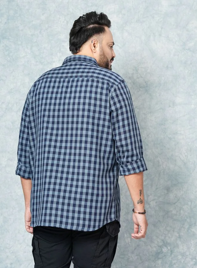 HARDSODA Men Plus Size Regular Fit Checkered Cutaway Collar Full Sleeves Casual Shirt