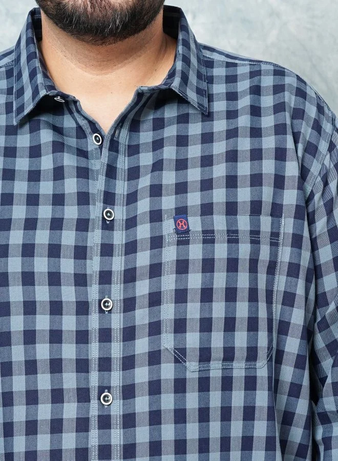 HARDSODA Men Plus Size Regular Fit Checkered Cutaway Collar Full Sleeves Casual Shirt