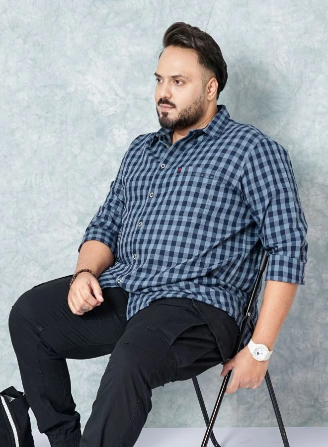 HARDSODA Men Plus Size Regular Fit Checkered Cutaway Collar Full Sleeves Casual Shirt