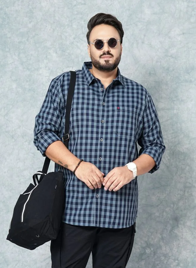 HARDSODA Men Plus Size Regular Fit Checkered Cutaway Collar Full Sleeves Casual Shirt