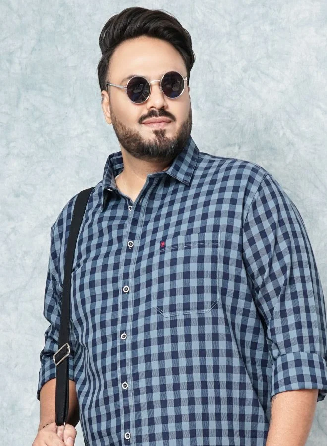 HARDSODA Men Plus Size Regular Fit Checkered Cutaway Collar Full Sleeves Casual Shirt