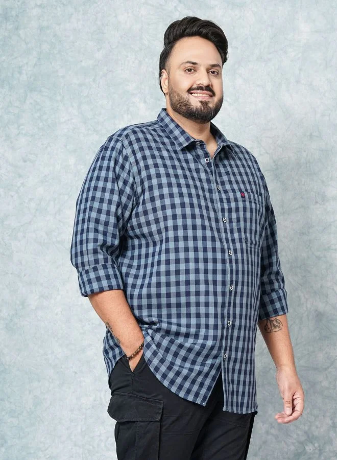 HARDSODA Men Plus Size Regular Fit Checkered Cutaway Collar Full Sleeves Casual Shirt
