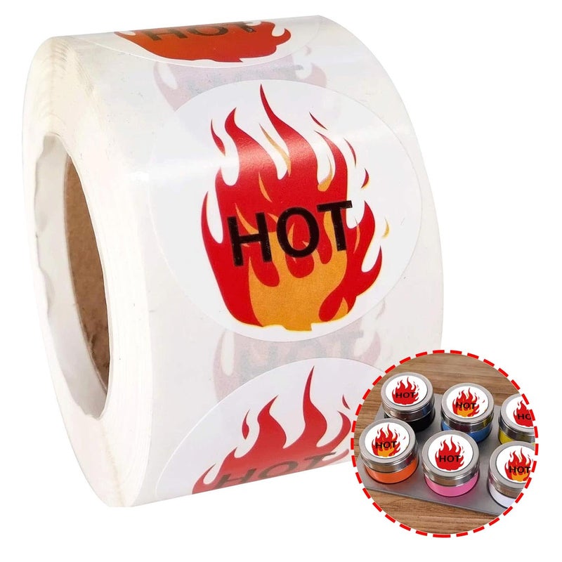 15 Inch Round Hot Stickers Fluorescent Red Flame Stickers Hot Labels  HOT Imprint Flame Labels 500Roll