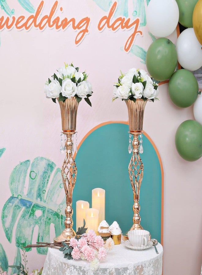 Lovecat 2 Pcs Elegant Metal Gold Floral Vase, Beaded Crystal Gold Trumpet Crown Vase, Perfect for Wedding Banquets, Birthdays, Anniversaries, Holiday Parties and Other Important Event Centerpieces(23.2") - Image 2