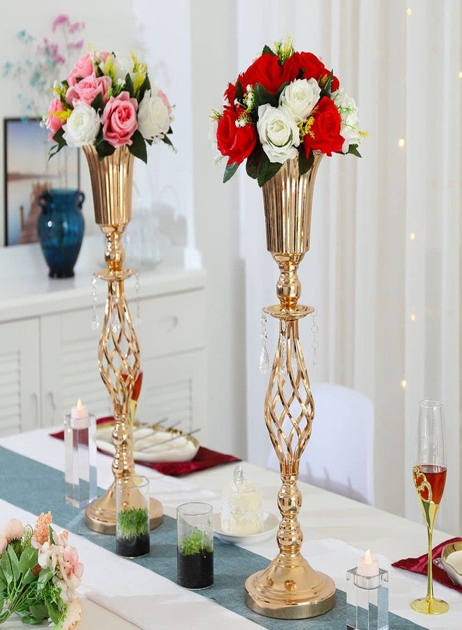 Lovecat 2 Pcs Elegant Metal Gold Floral Vase, Beaded Crystal Gold Trumpet Crown Vase, Perfect for Wedding Banquets, Birthdays, Anniversaries, Holiday Parties and Other Important Event Centerpieces(23.2") - Image 4